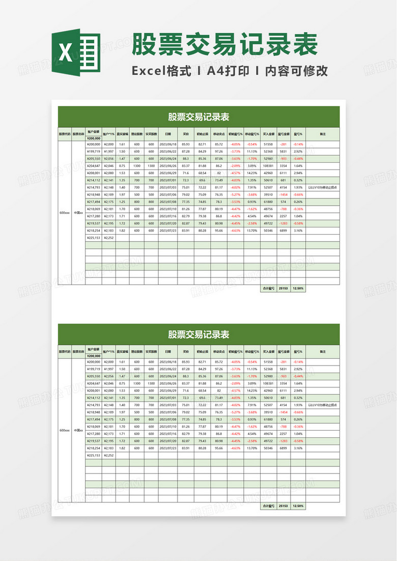 简洁简约股票交易记录表excel模板