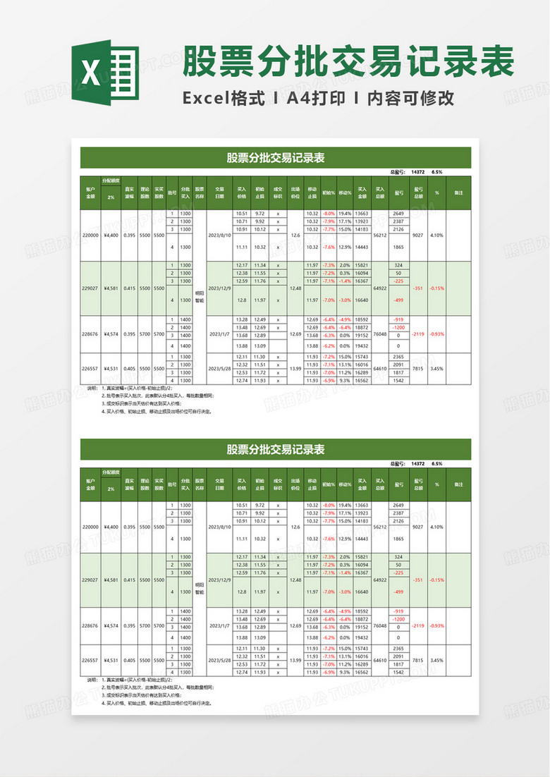 股票分批交易记录表excel模板