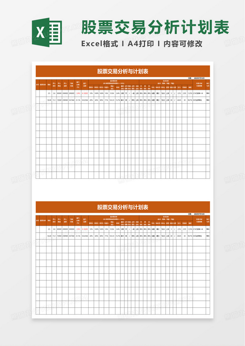 股票交易分析与计划表excel模板