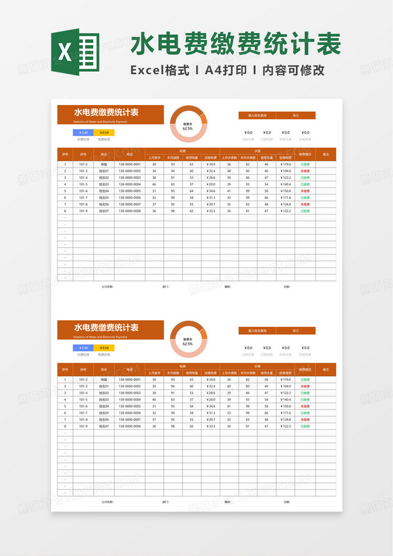 水电费缴费统计表excel模板