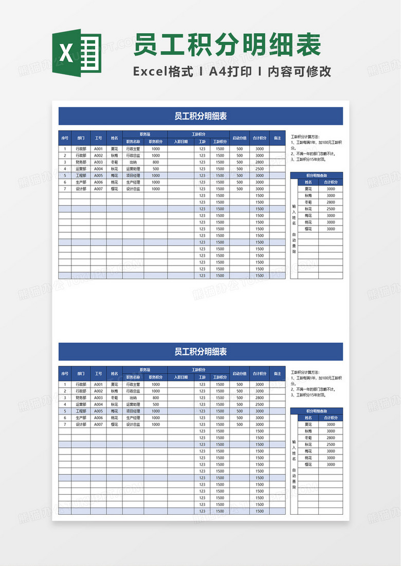 员工积分明细表excel模板