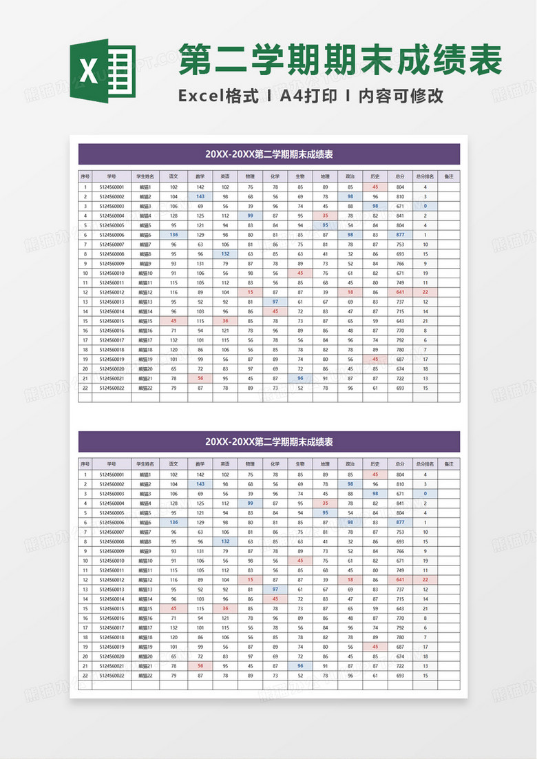 简洁简约第二学期期末成绩表excel模板