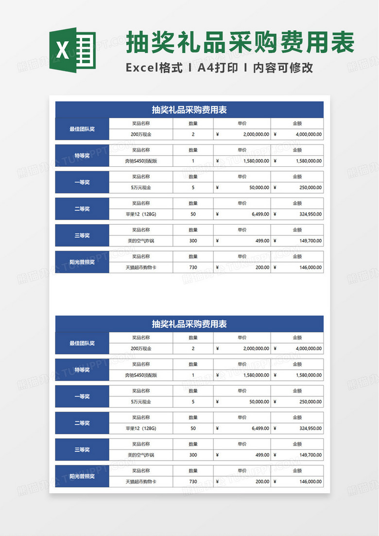 抽奖礼品采购费用表excel模板