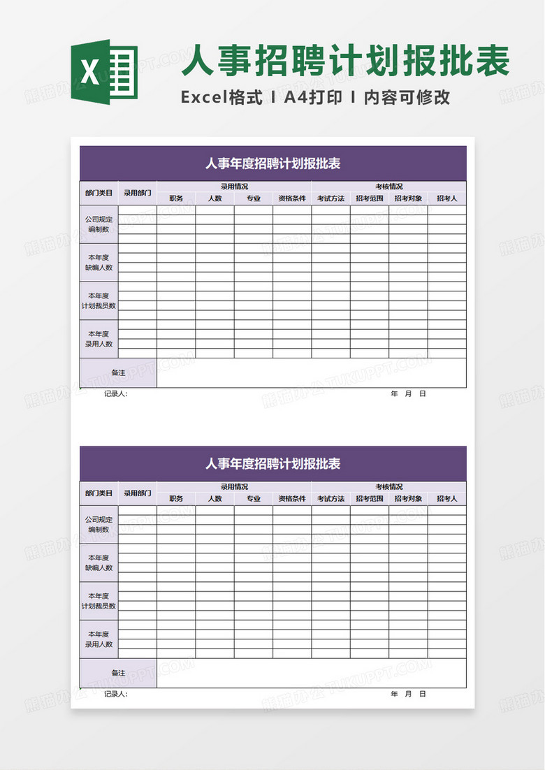 人事年度招聘计划报批表excel模板