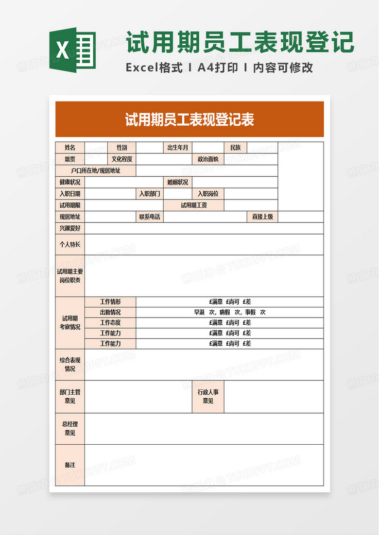 试用期员工表现登记表excel模板