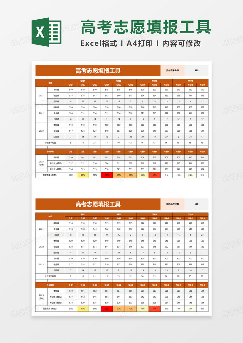 简洁实用高考志愿填报工具excel模板