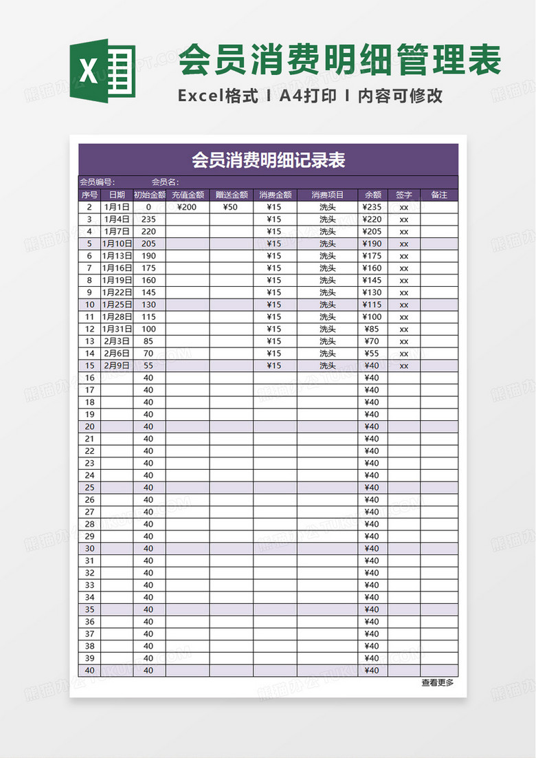 会员消费明细管理表excel模板