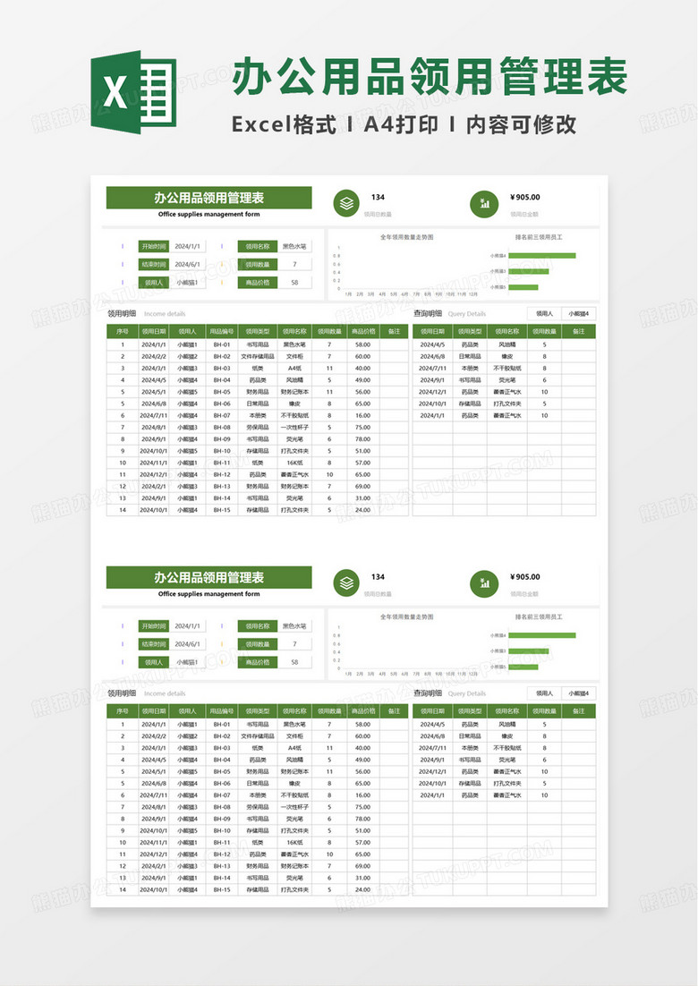 实用办公用品领用管理表excel模板
