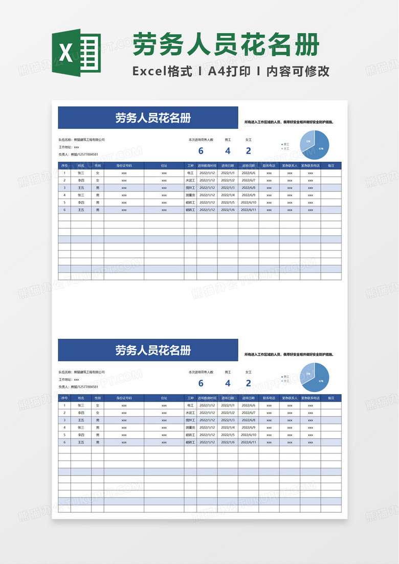 劳务人员花名册excel模板