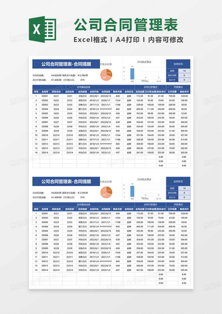 公司合同管理表合同提醒excel模板