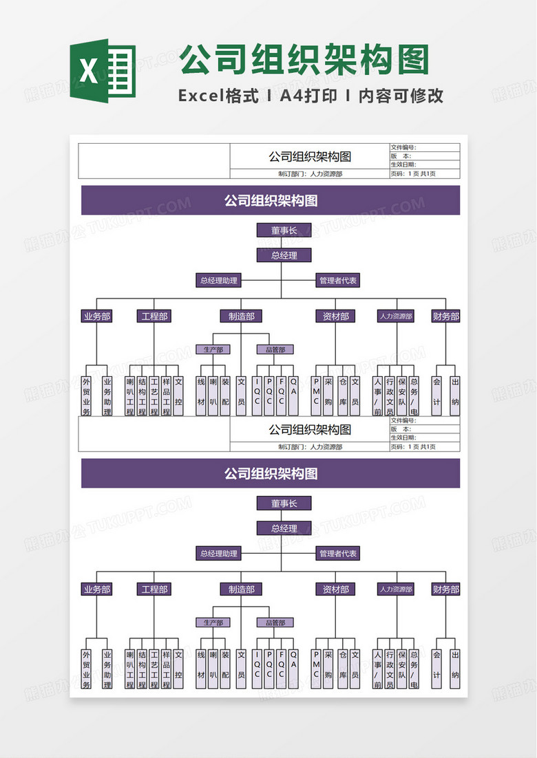 紫色简洁公司组织架构图excel模板