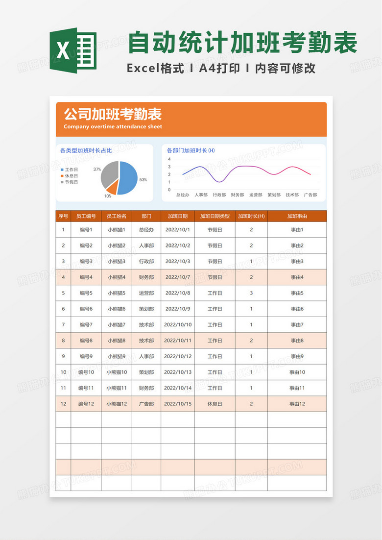 橙色扁平风自动统计加班考勤表excel模板