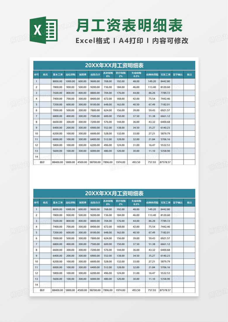 简洁员工工资表个税自动计算excel模板