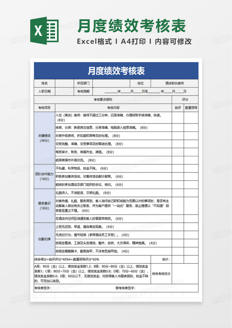 酒店前台接待绩效考核表excel模版