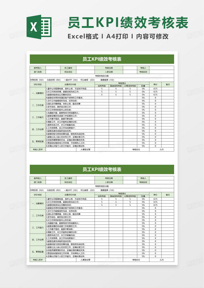 员工KPI绩效考核表excel模版