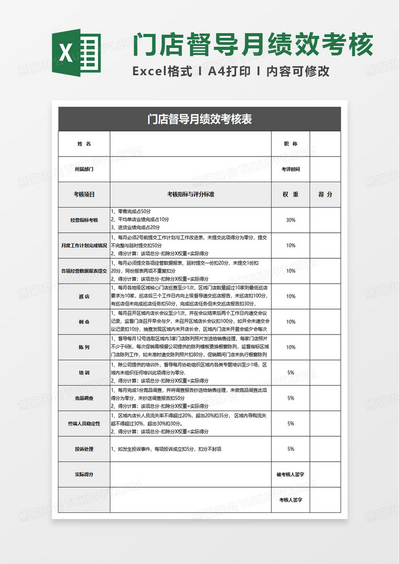 门店督导月绩效考核表excel模版