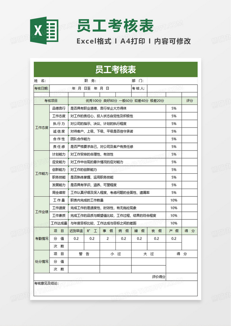 通用商务绩效考核表excel模版