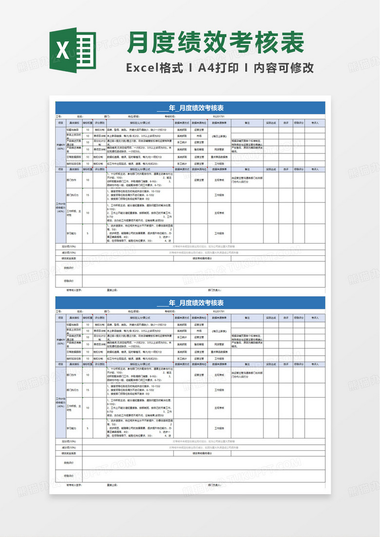 电商部月度绩效考核表excel模版