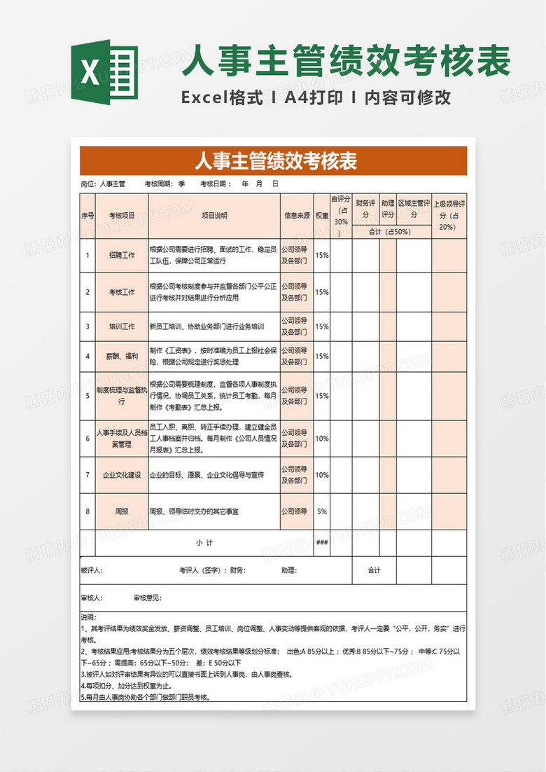 人事主管绩效考核表excel模版