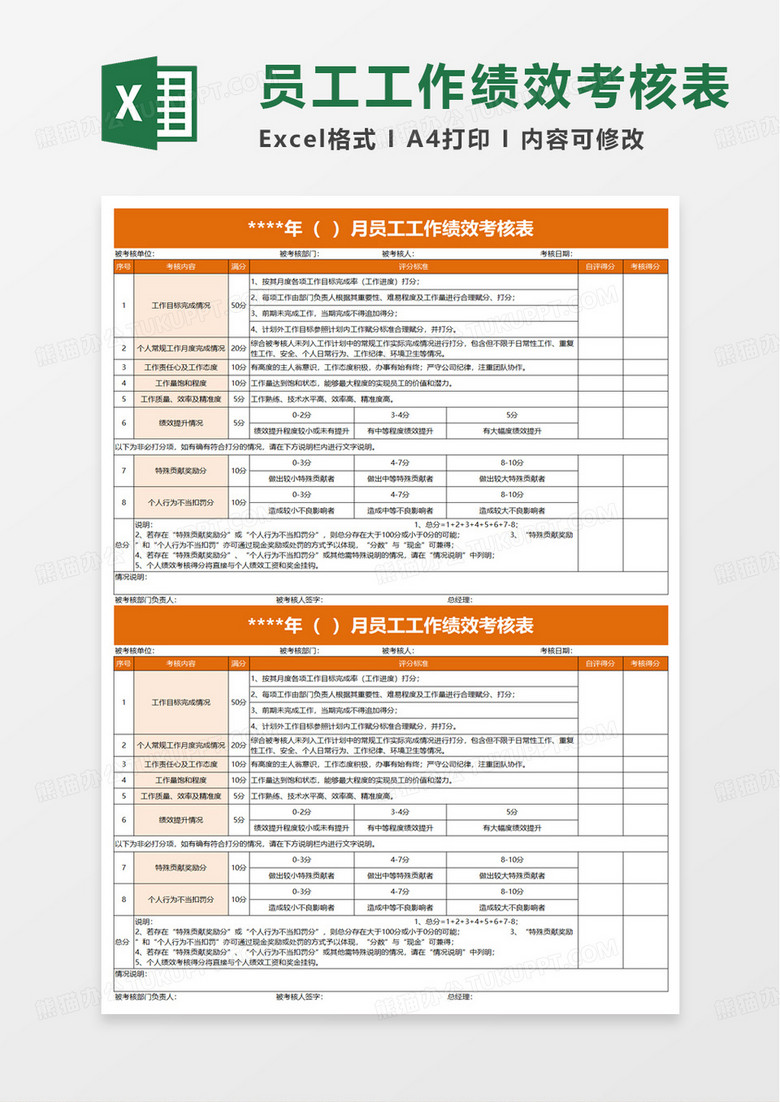 员工个人月度工作绩效考核表excel模版