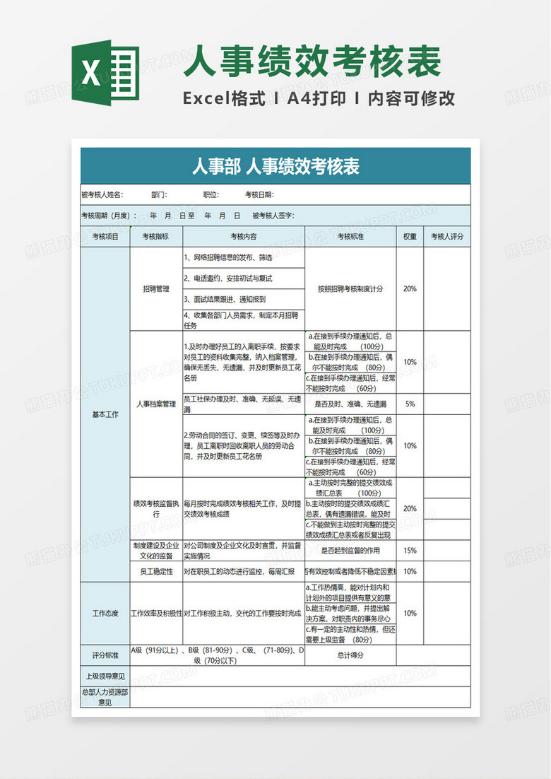 人事绩效考核表excel模版