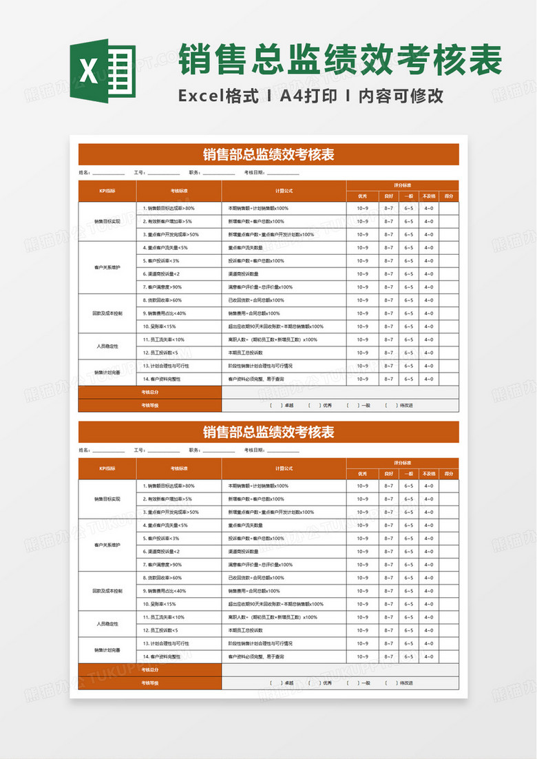 销售总监KPI绩效考核表excel模版