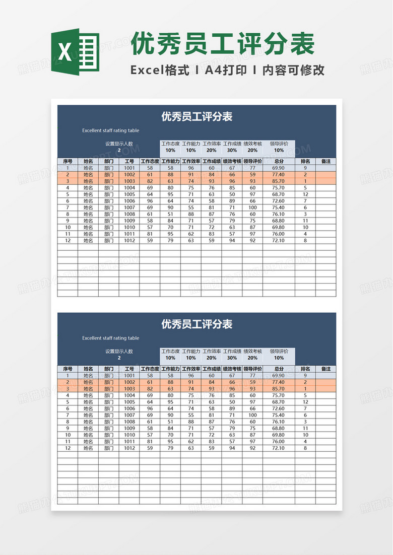 简洁简单优秀员工评分表excel模板