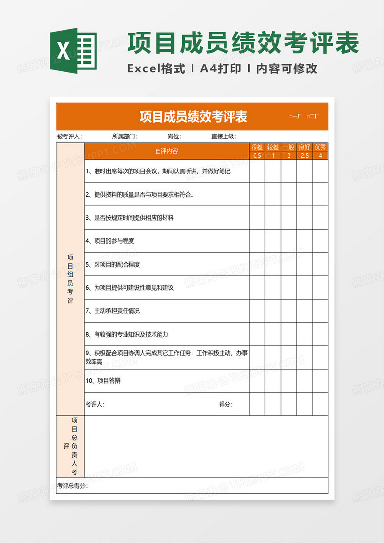 项目成员绩效考评表excel模板