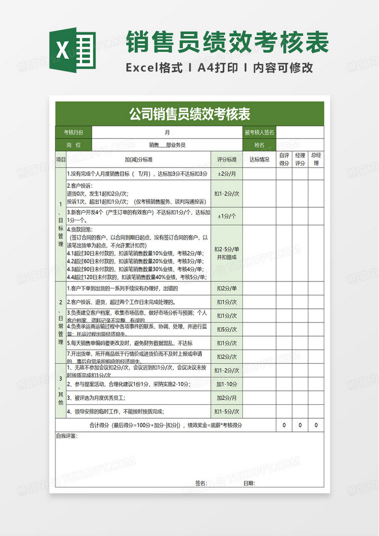 公司销售员绩效考核表excel模板