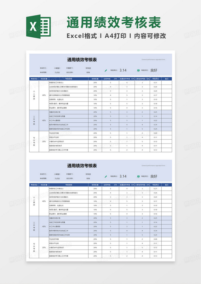 通用简约绩效考核表excel模板