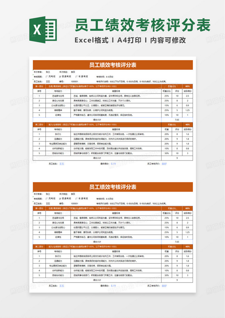 简洁通用员工绩效考核评分表excel模板