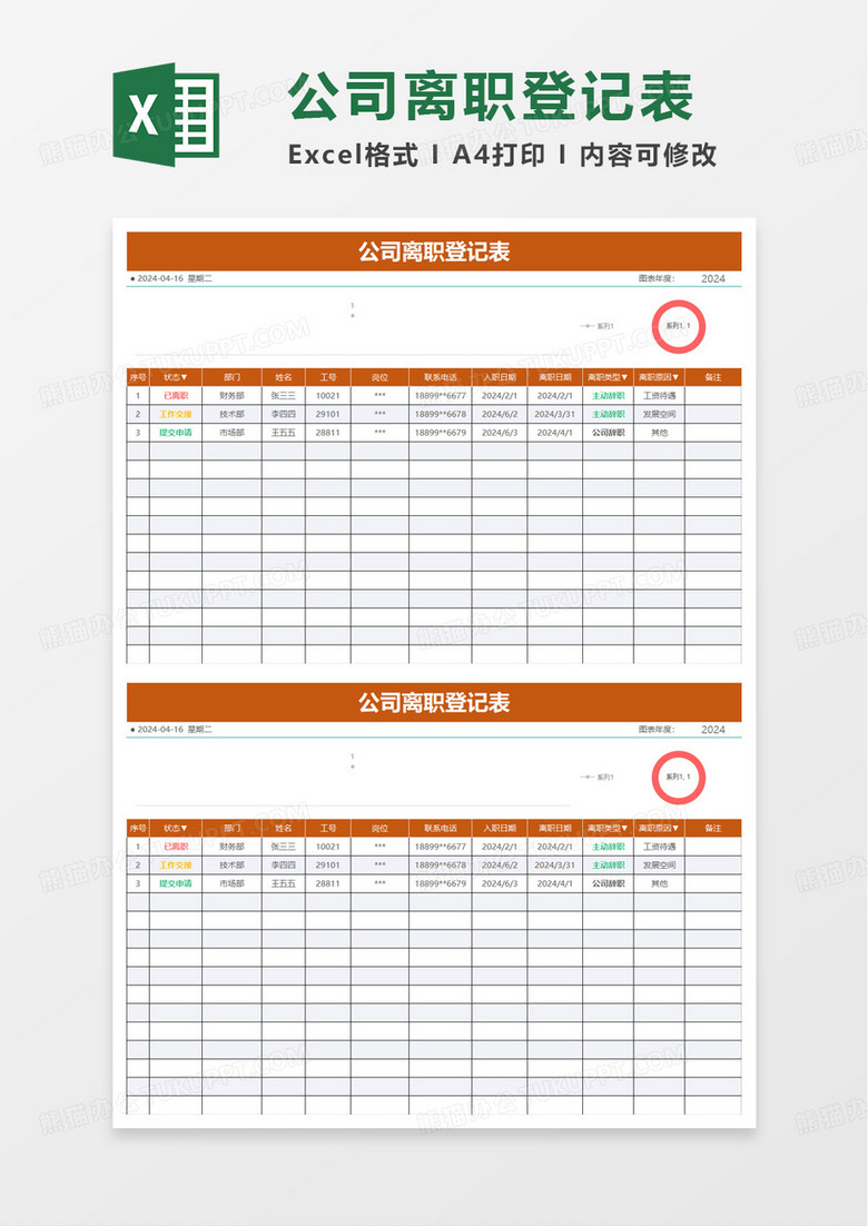 通用离职登记表excel模板