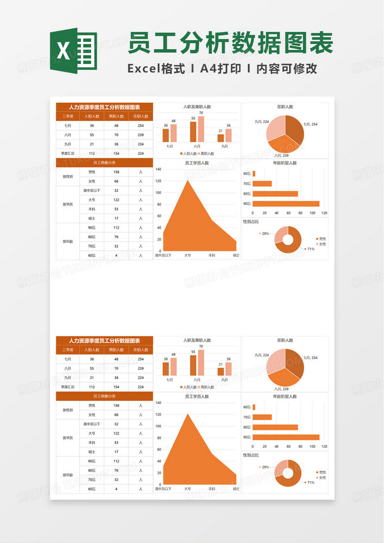 人力资源季度员工分析数据图表excel模板