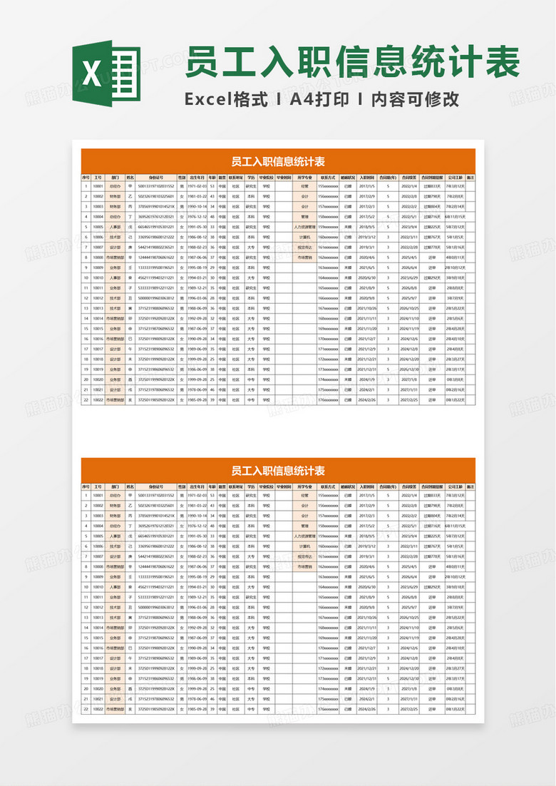 简单公式人事员工信息统计表excel模板