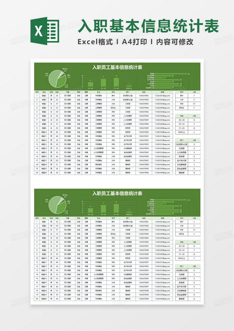 入职员工基本信息表自动可视化excel模板