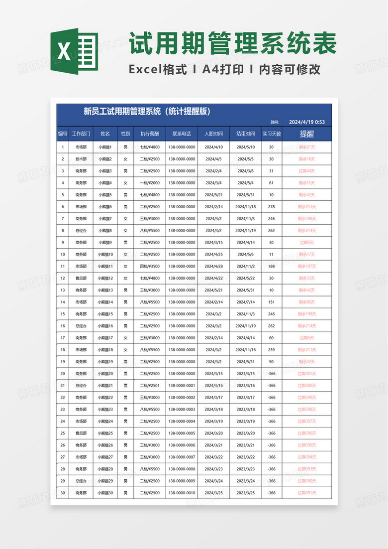 新员工试用期管理excel模板