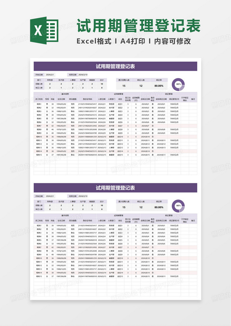 通用试用期管理登记表excel模板