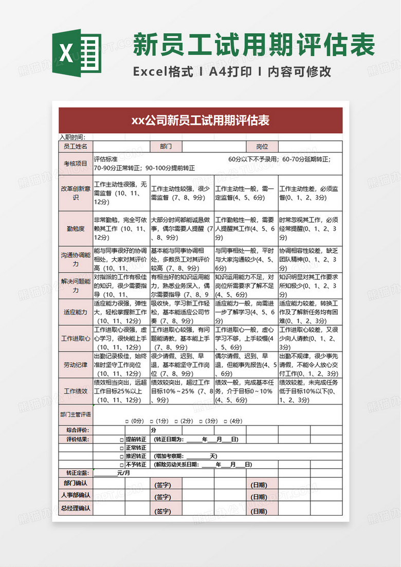 新员工试用期评估表excel模板