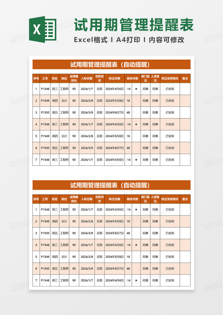 试用期管理提醒表excel模板