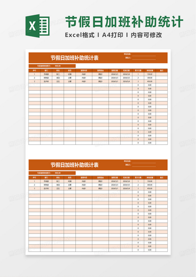 节假日加班补助统计表excel模板