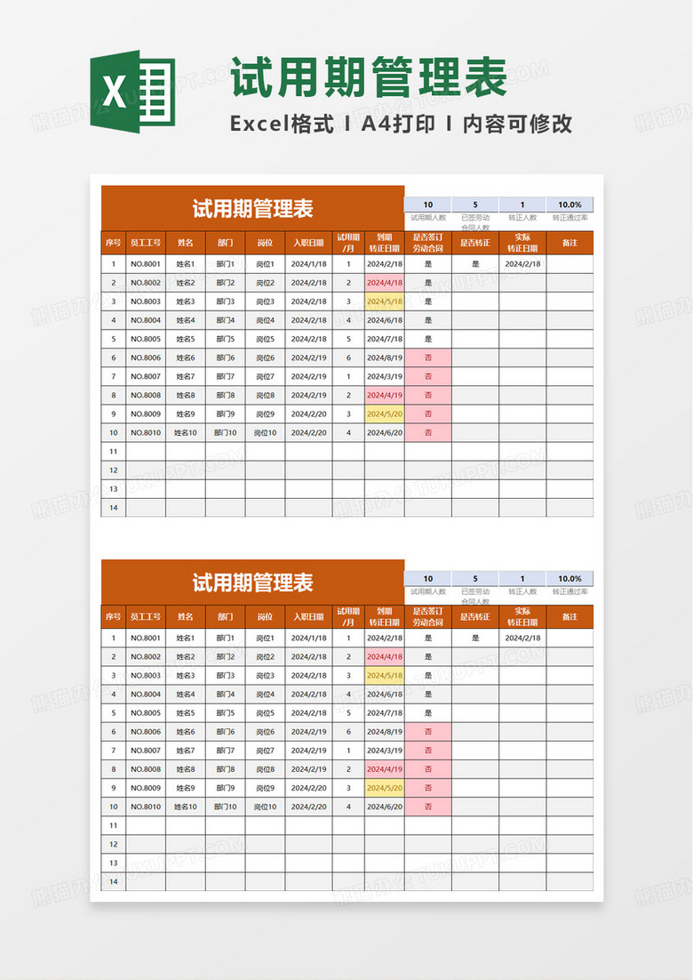 试用期管理提醒转正表excel模板