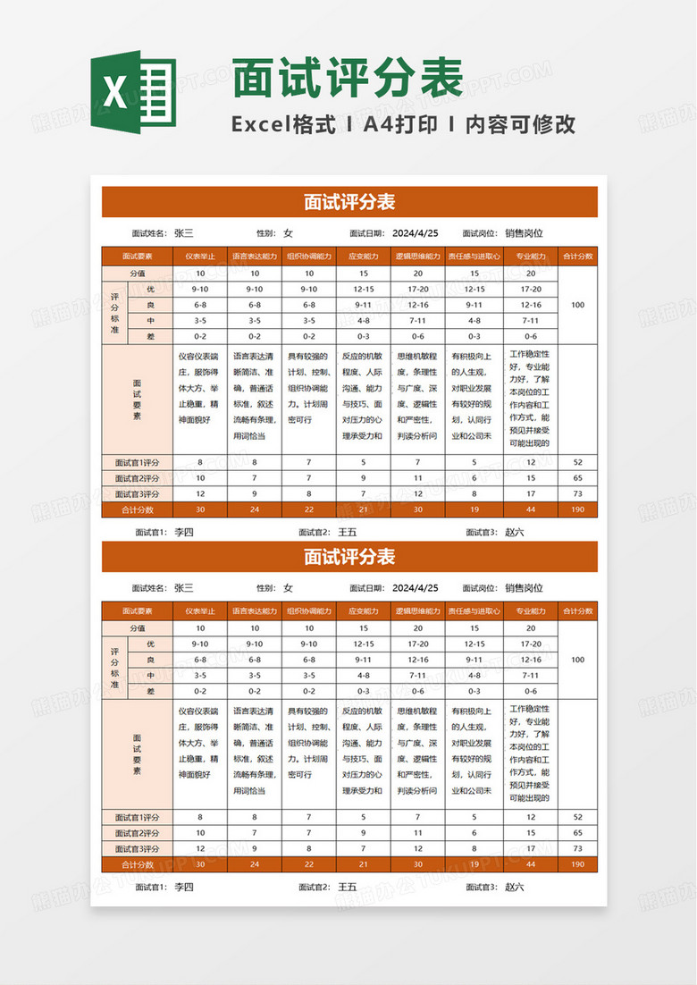 面试评分表excle模板