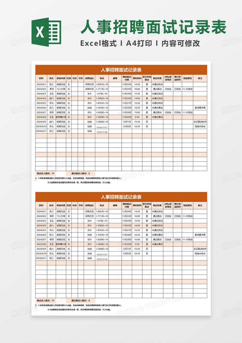 人事招聘面试记录表excel模板