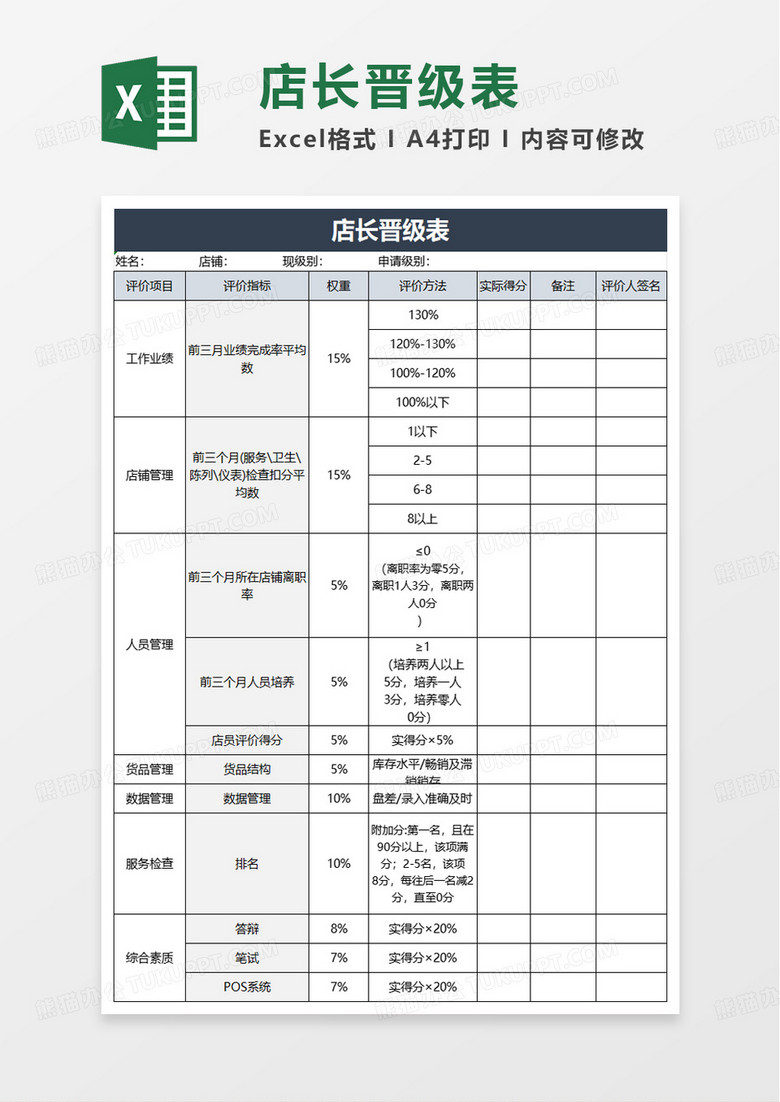 店长晋级表excel模板