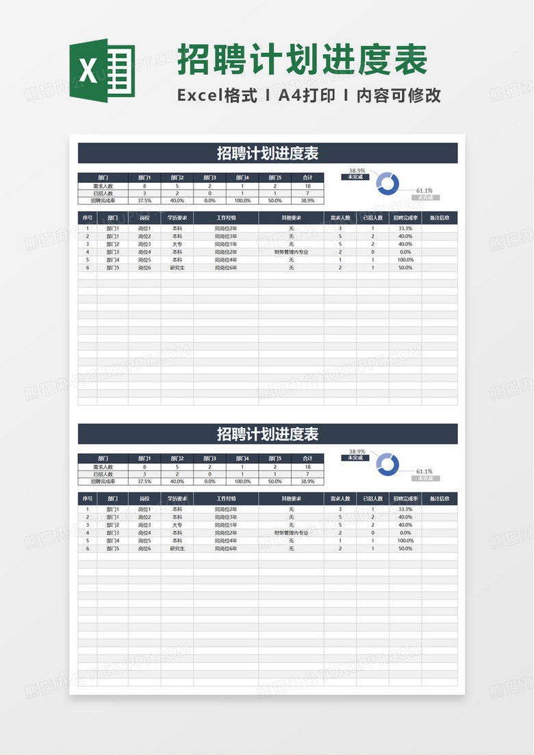 通用简洁招聘计划进度表excel模板