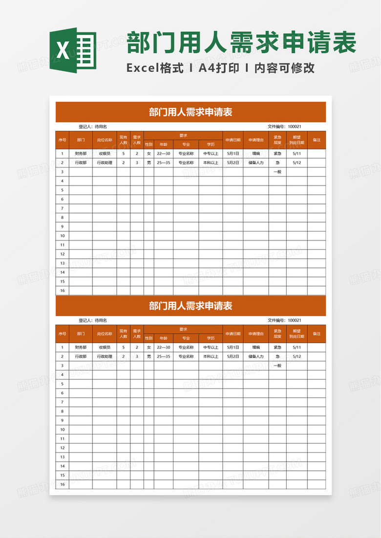 部门用人需求申请表excel模板