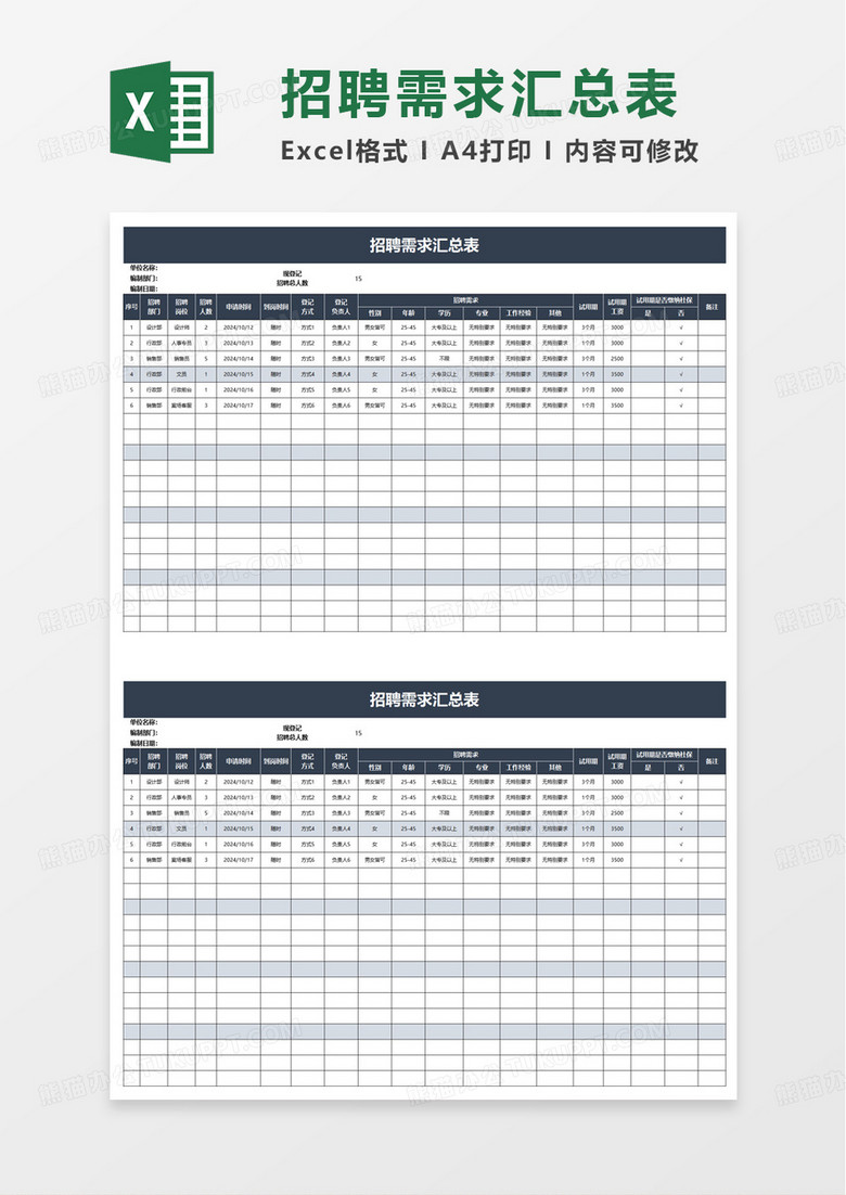 招聘需求汇总表excel模板