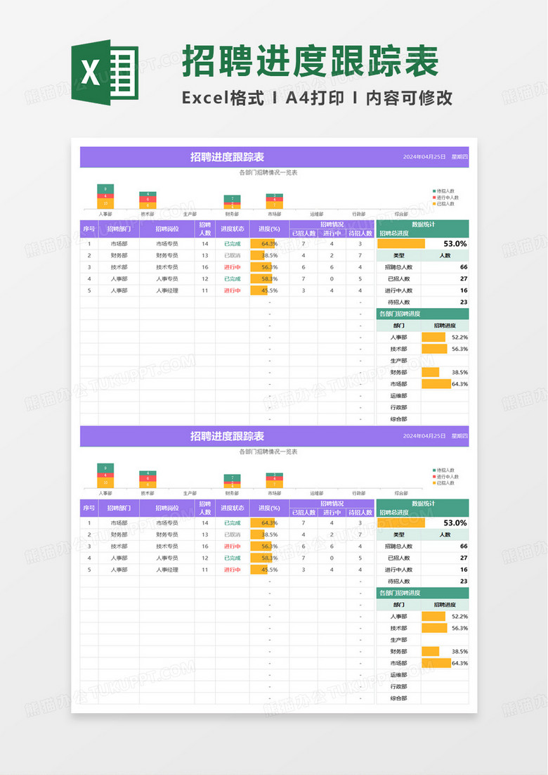 彩色招聘进度跟踪表excel模板