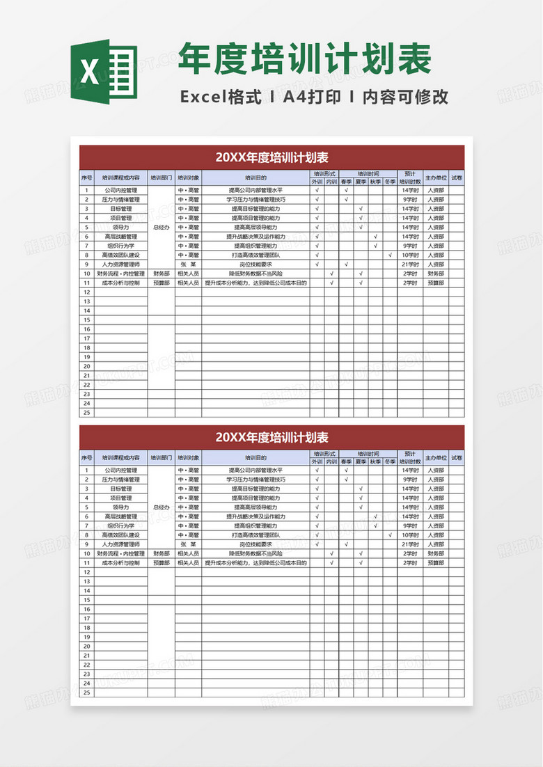 年度培训计划表—汇总表excel模版