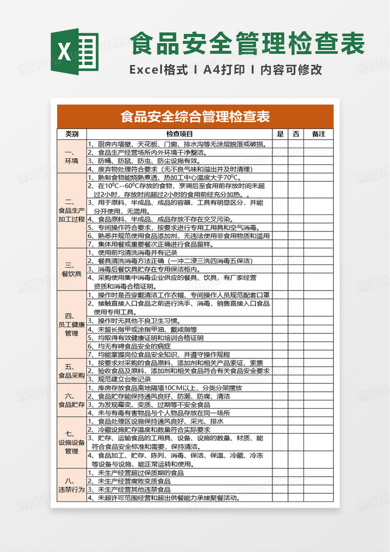 食品安全综合管理检查表excel模板